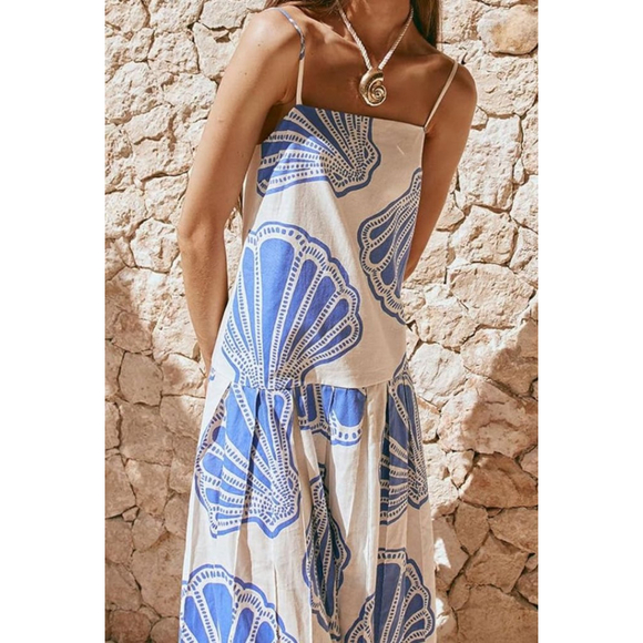 Women's Unbranded White & Blue Shell Print Maxi Dress M - Picture 6 of 11